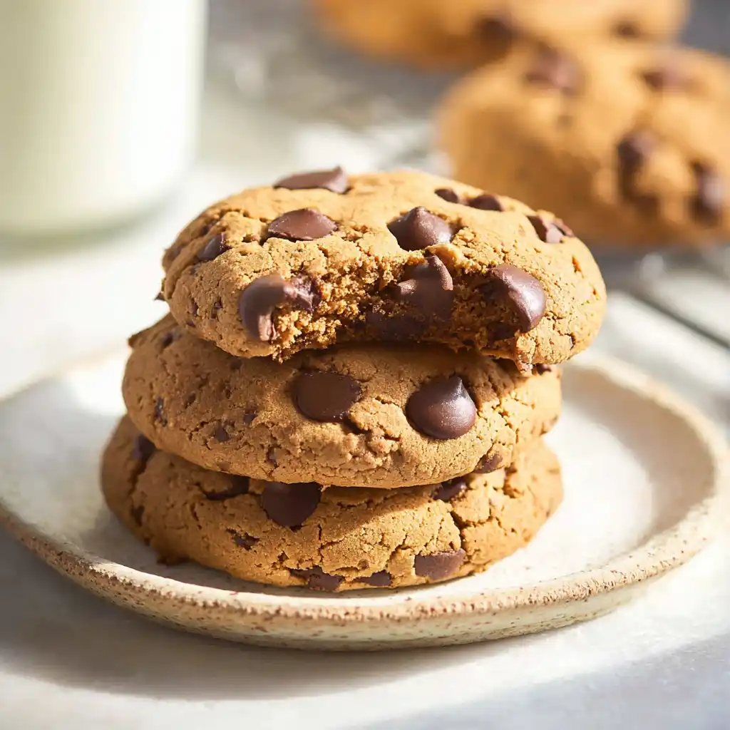 Stack of baked protein chocolate chip cookies with milk