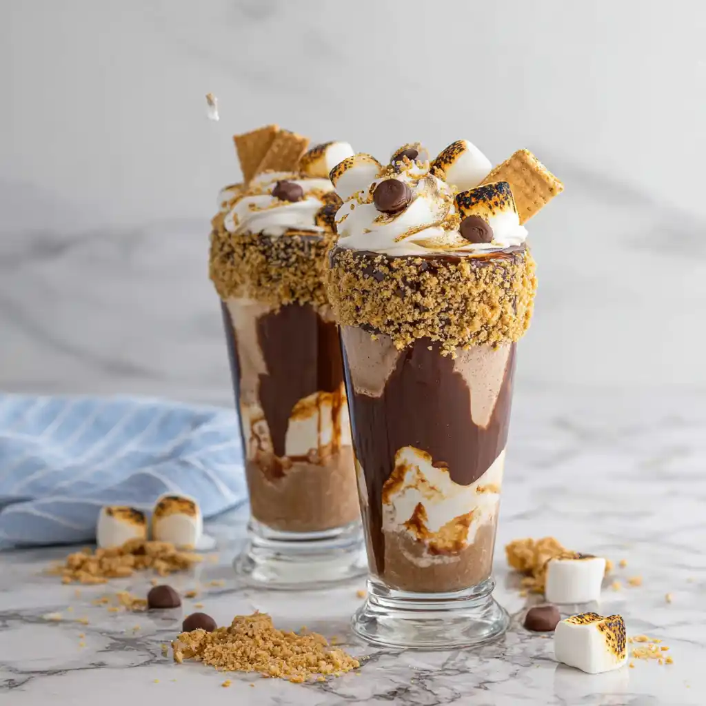 Smores milkshakes served in glasses with toppings