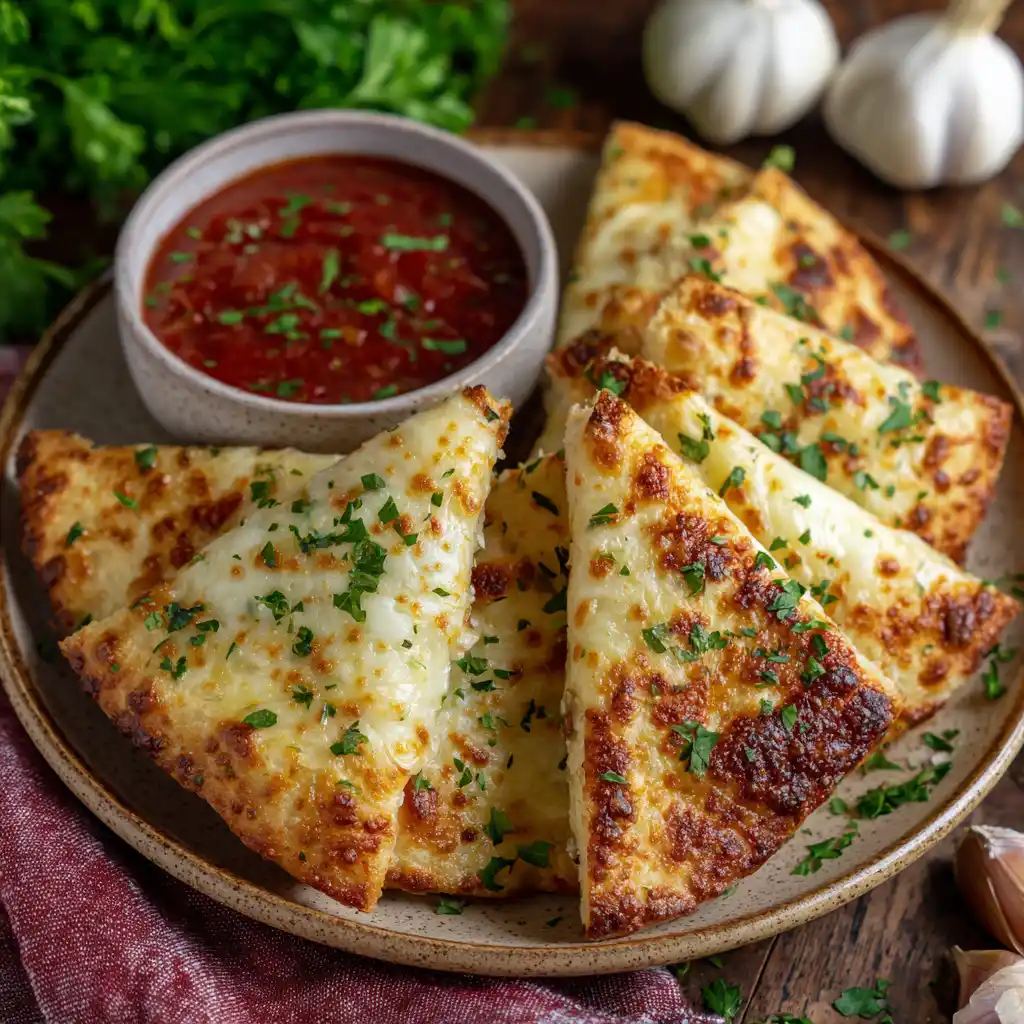 Served cheesy tortilla garlic bread with marinara