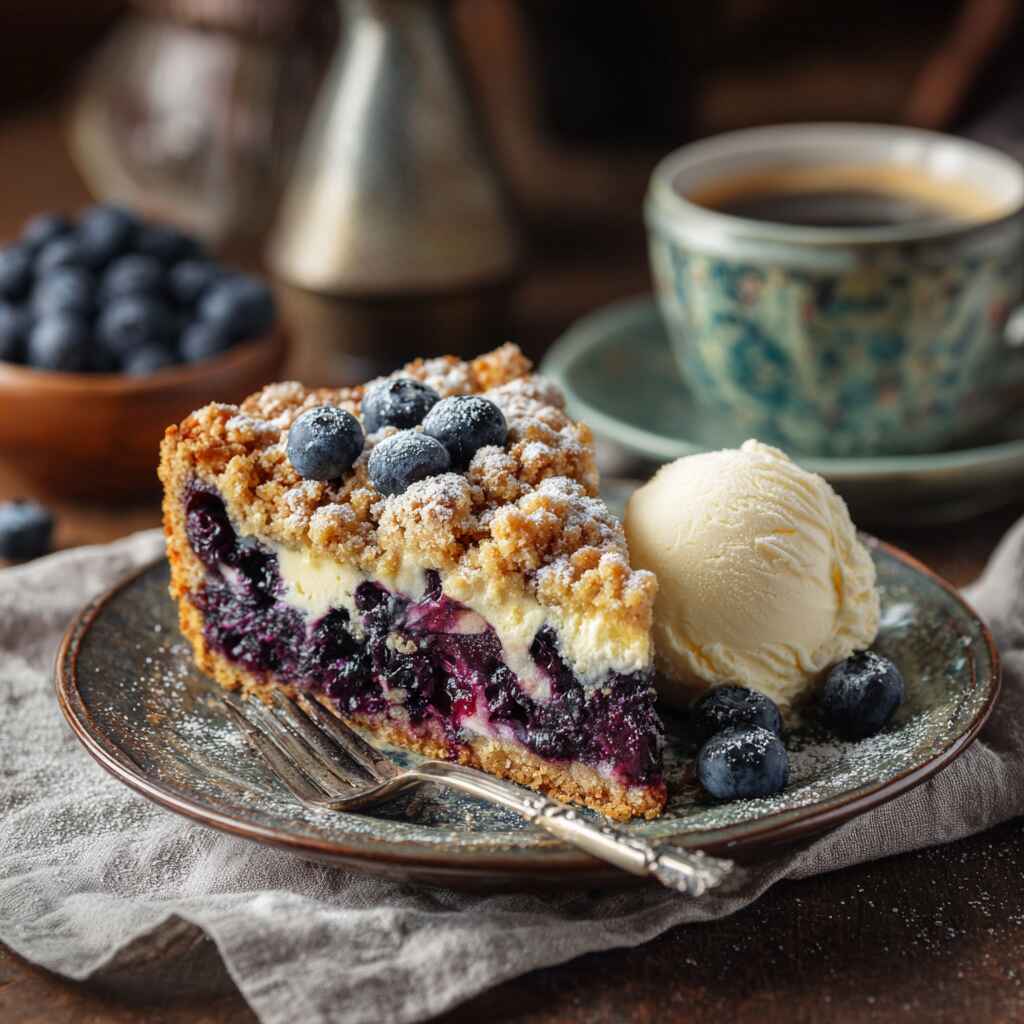 A slice of Sherry's Blueberry Cream Cheese Crumb Cake with ice cream