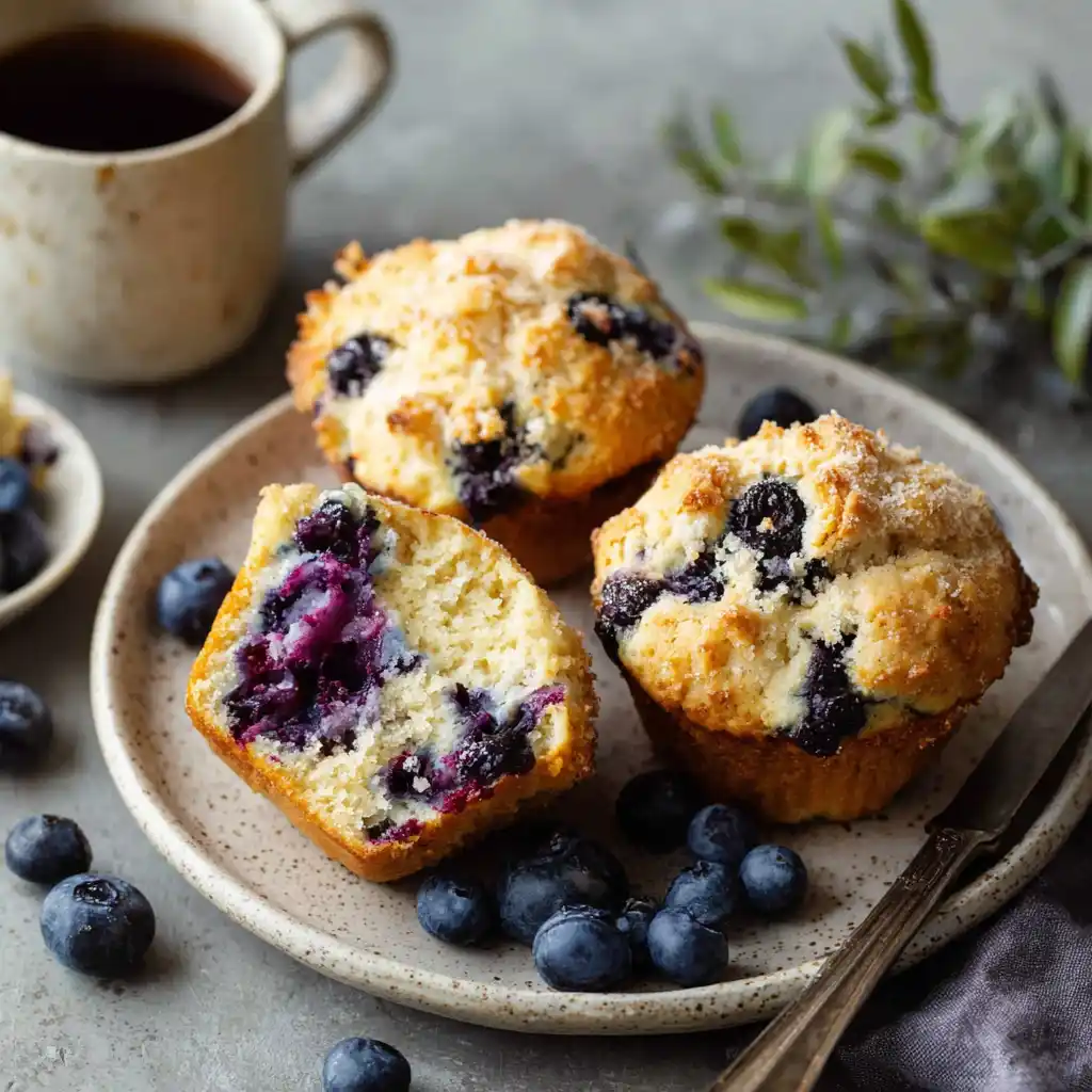 Serving fluffy blueberry muffins with fresh blueberries