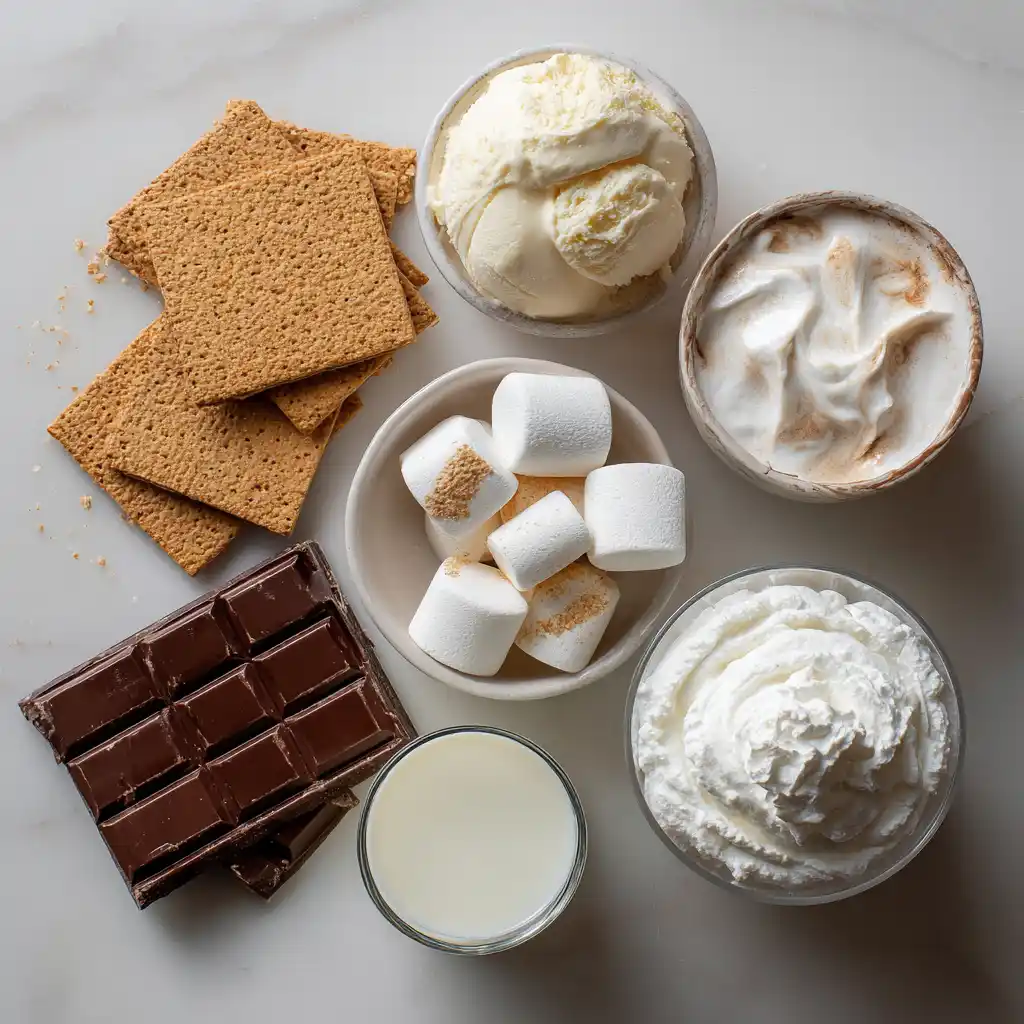 Ingredients for smores milkshake laid out on a counter