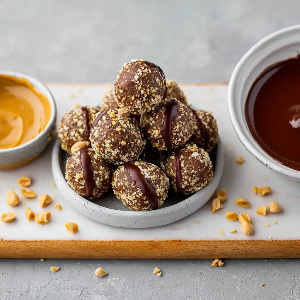 Snickers protein balls with dates stacked in a bowl next to chocolate and peanut butter