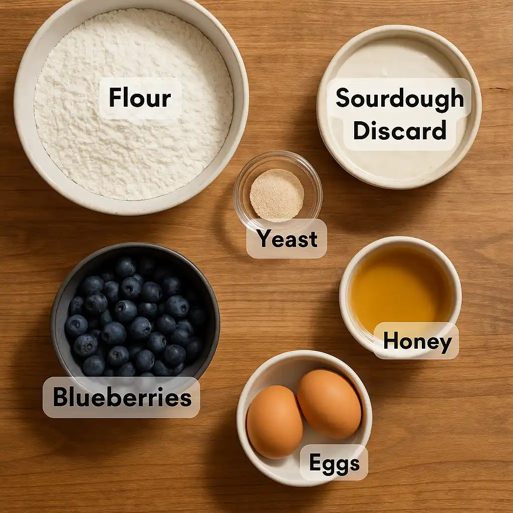 Ingredients for sourdough discard blueberry bagels recipe