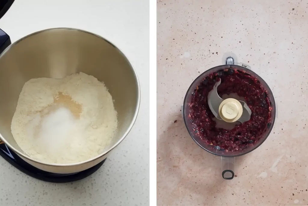 Mixing dry ingredients and blending blueberries for sourdough discard blueberry bagels