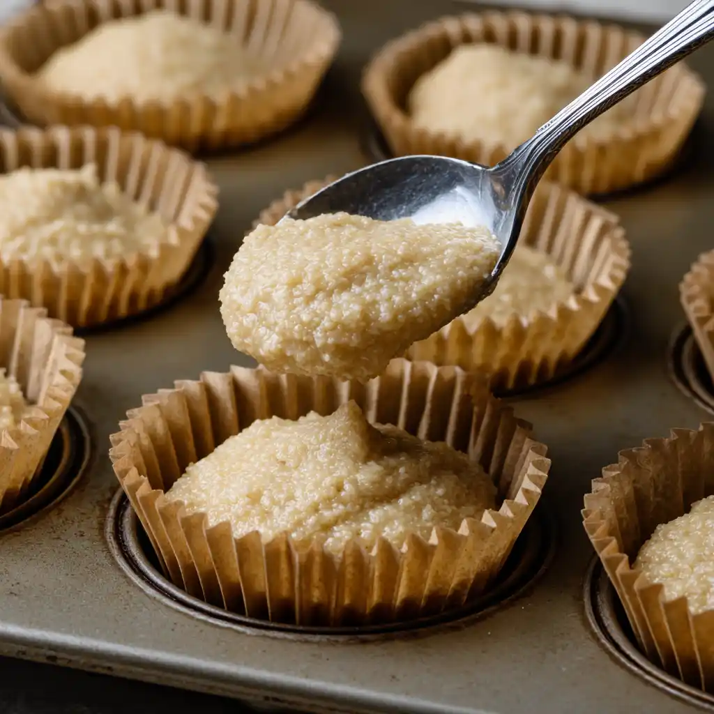Spoon muffin batter into parchment liners