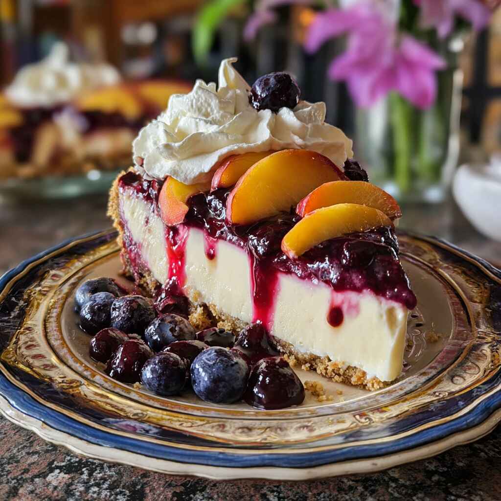Slice of cheesecake with peach and berry topping
