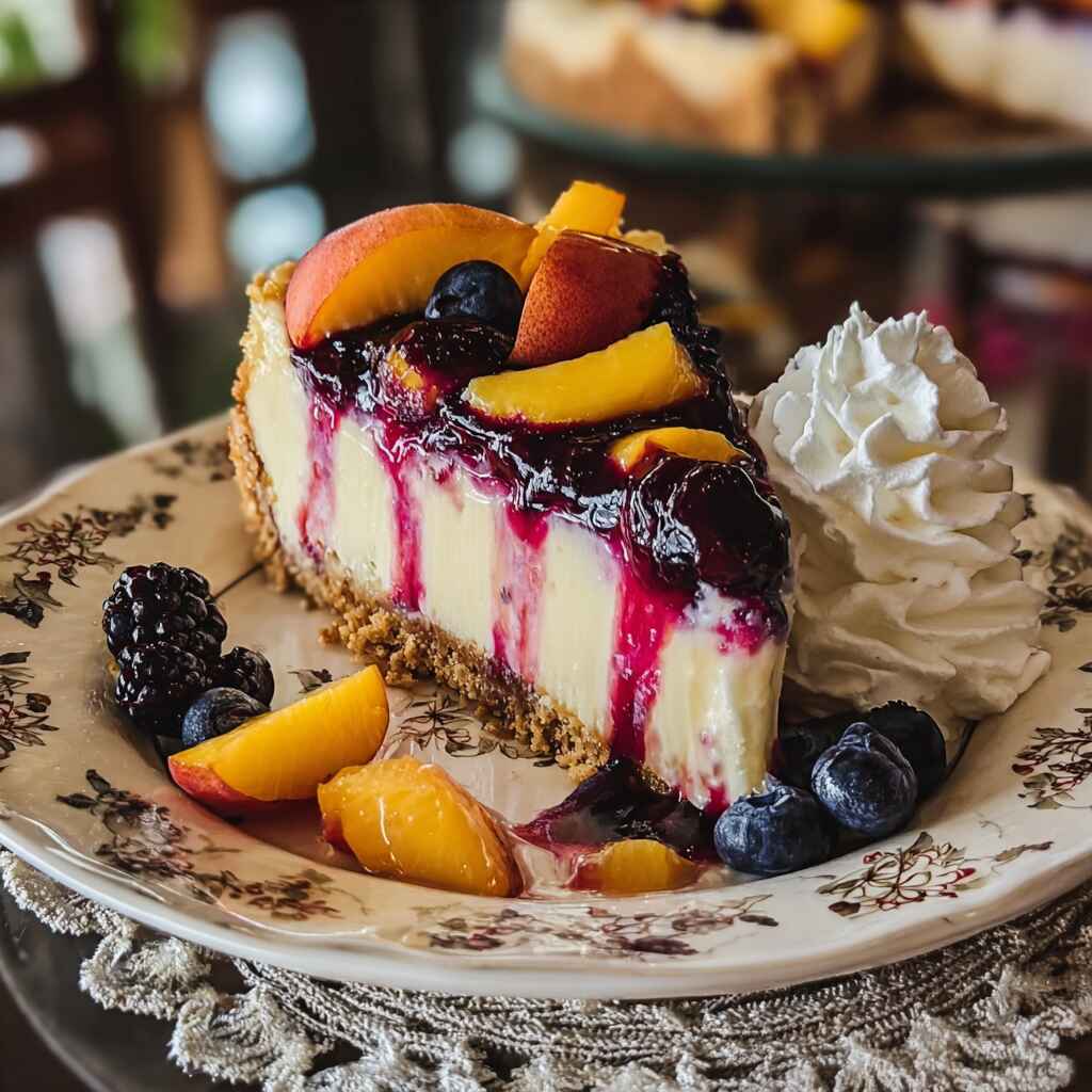 Slice of cheesecake with peach and berry topping