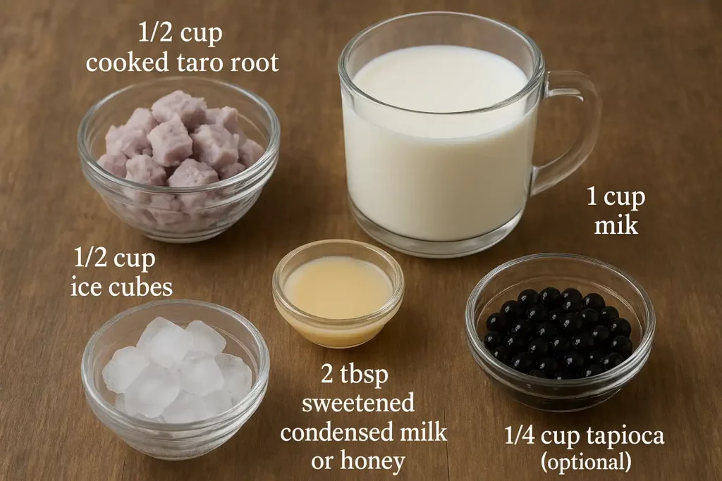Taro smoothie ingredients on counter