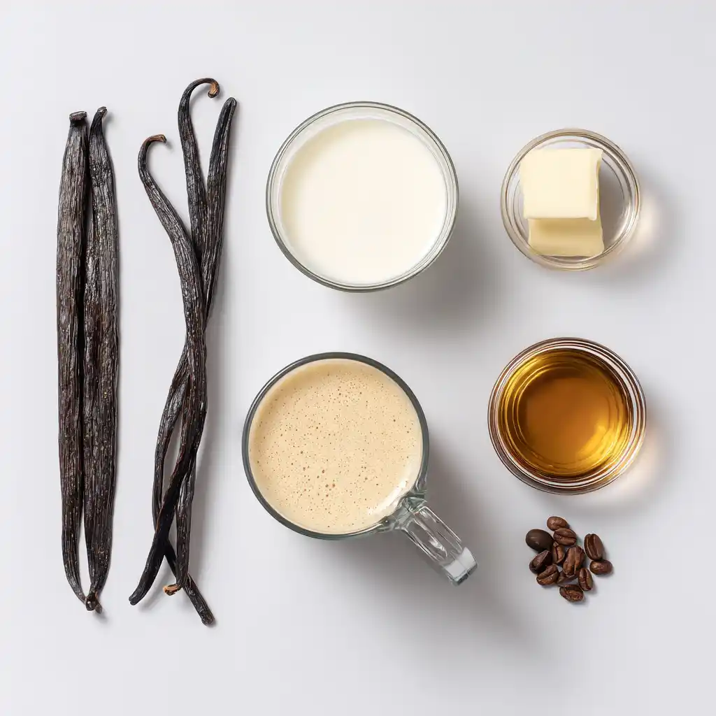 Ingredients for vanilla bean latte recipe on white table