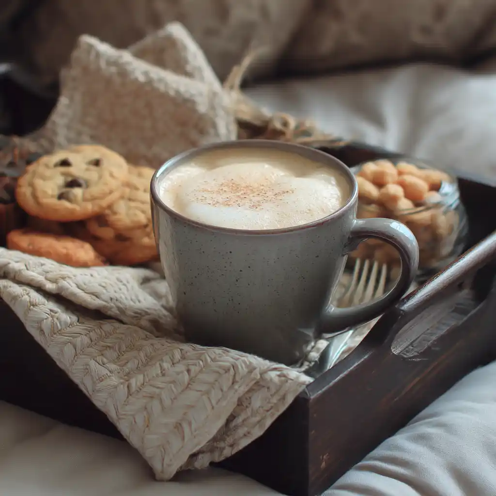 Vanilla bean latte served with cookies and pastries