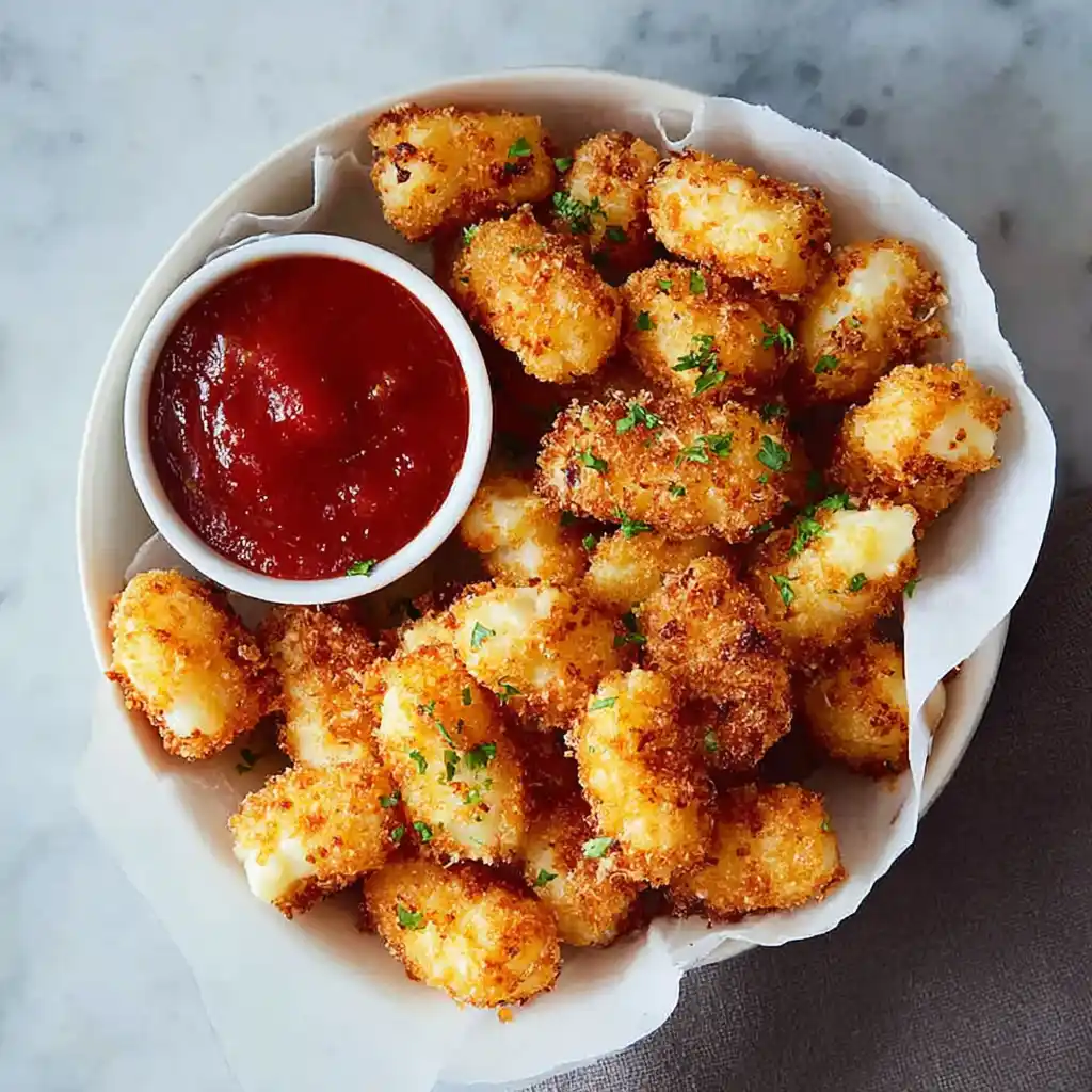 Golden crispy fried cheese curds served with a side of marinara dipping sauce.