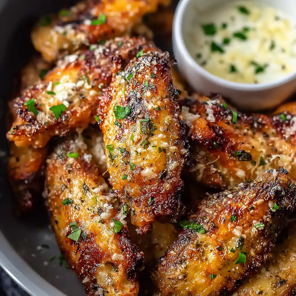 Crispy air fryer garlic parmesan chicken wings served with creamy dipping sauce.