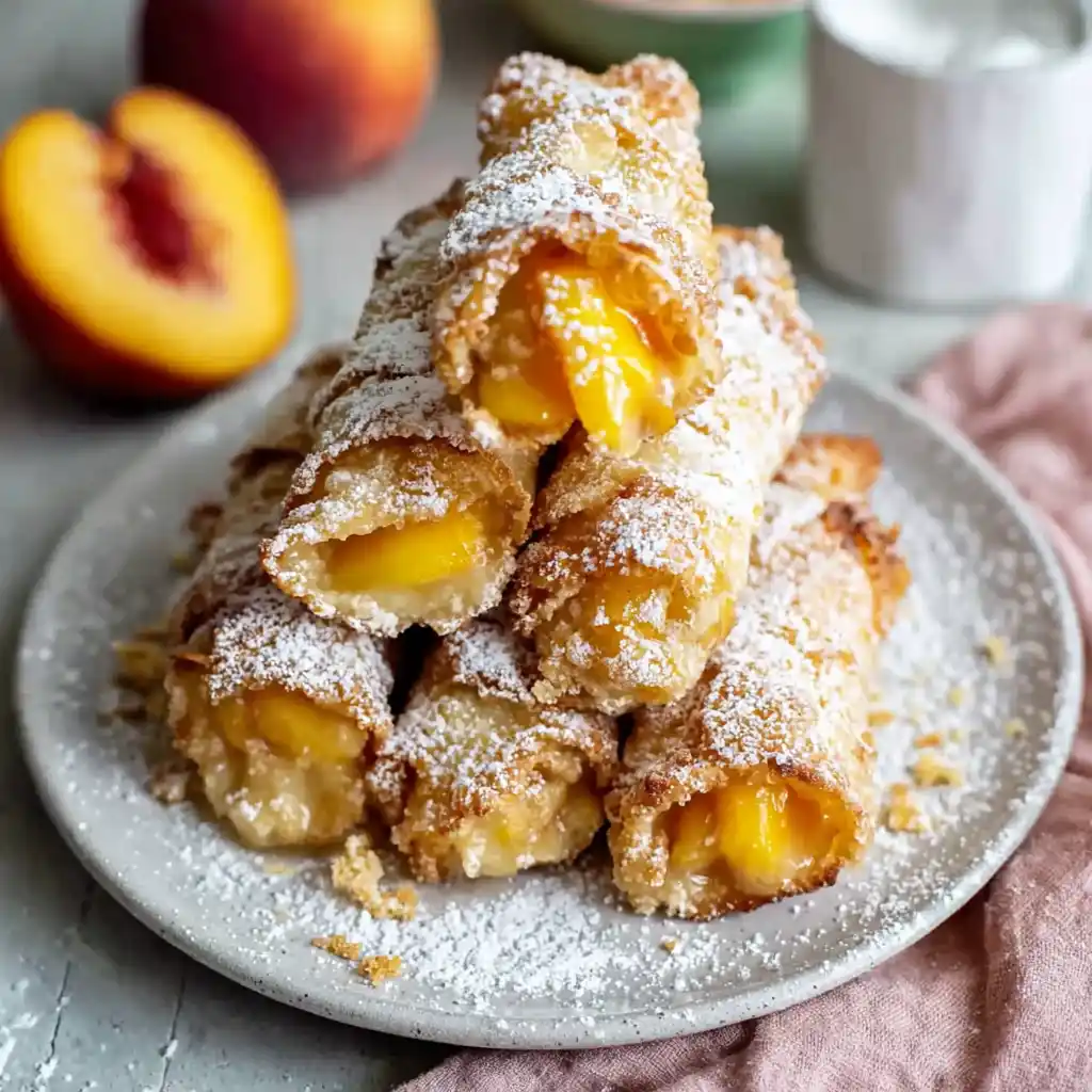 Golden crispy peach dessert roll-ups filled with sweet peach filling and dusted with powdered sugar.