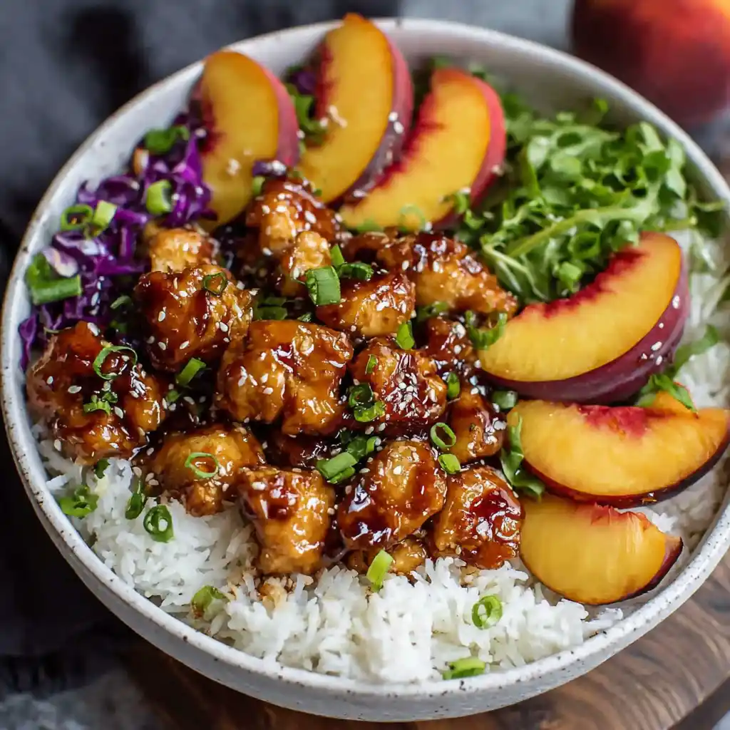 Air fryer peach teriyaki chicken served over rice with fresh peach slices, cabbage, and greens in a bowl.