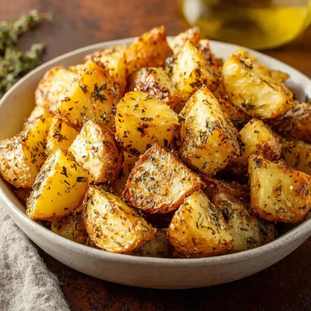 Crispy golden air fryer ranch potatoes seasoned with herbs, served in a white bowl.