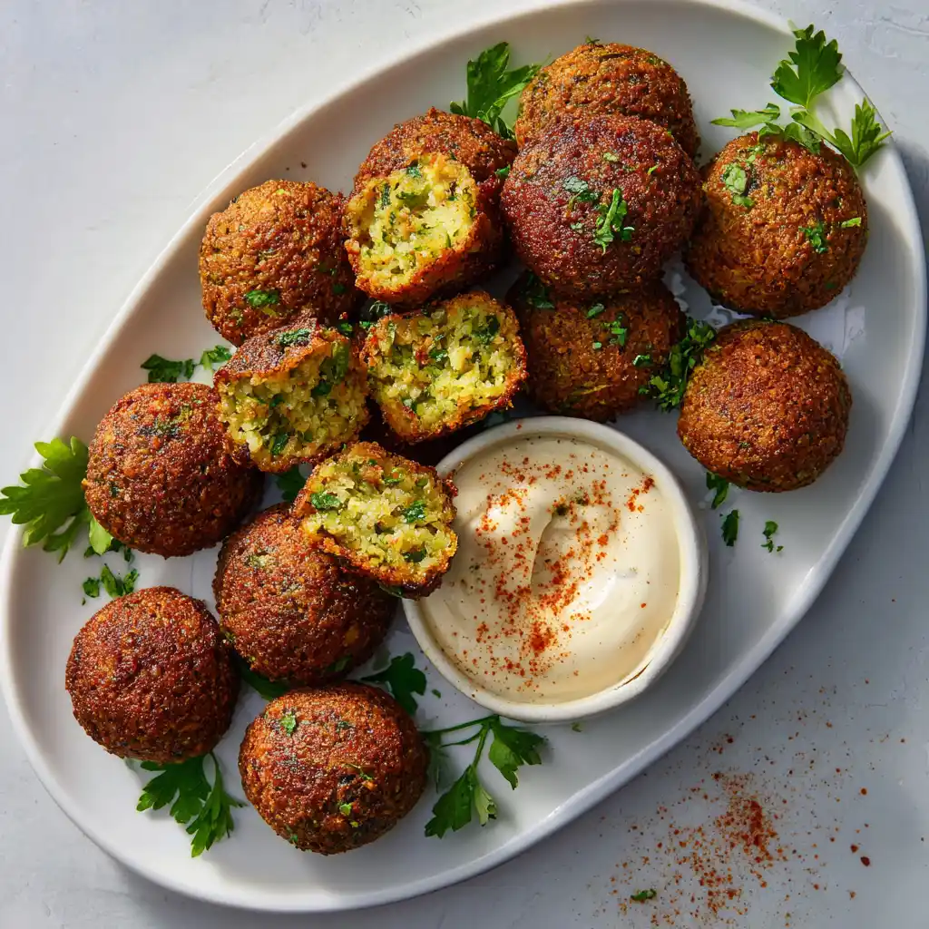 Air fryer falafel served with tahini dipping sauce