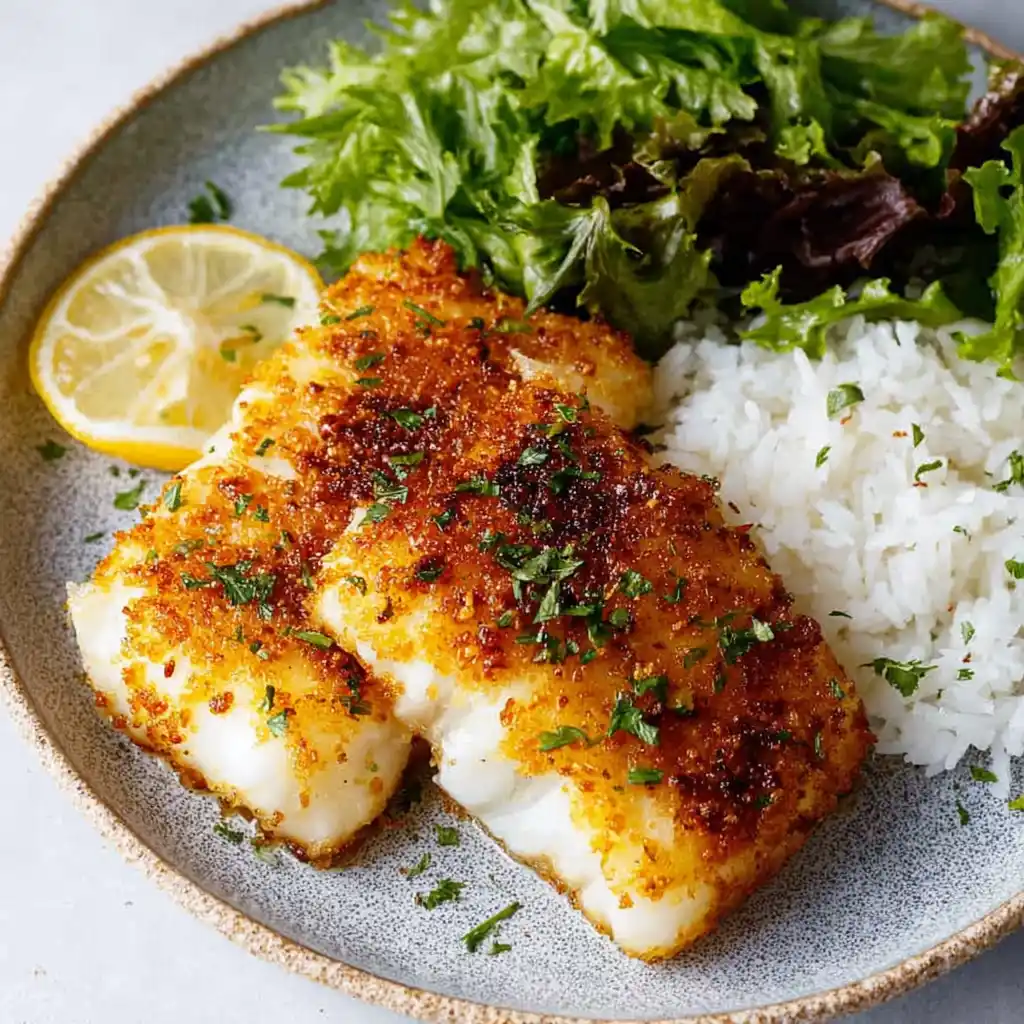 Golden-crusted haddock fillets cooked in the air fryer, served with white rice, fresh greens, and a lemon slice.