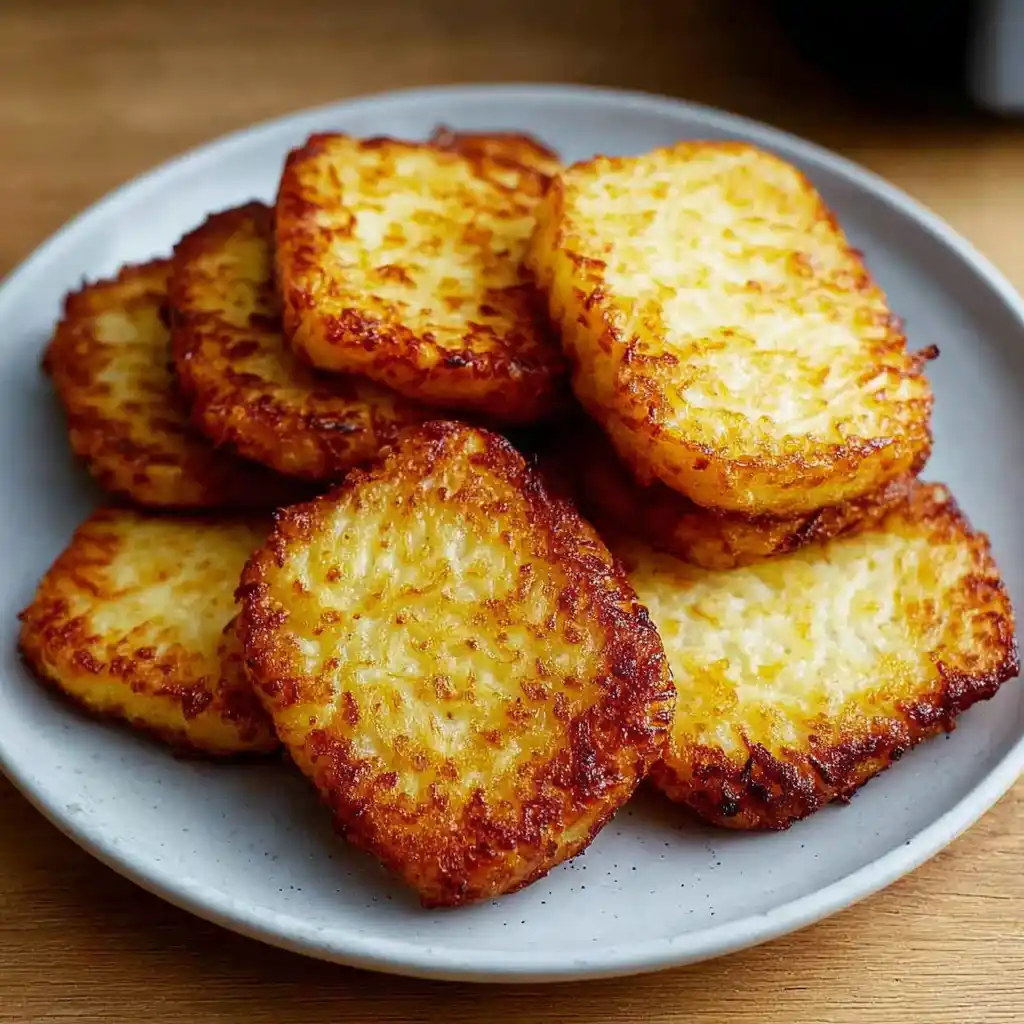 Crispy golden-brown hash brown patties cooked in the air fryer, stacked on a white plate.