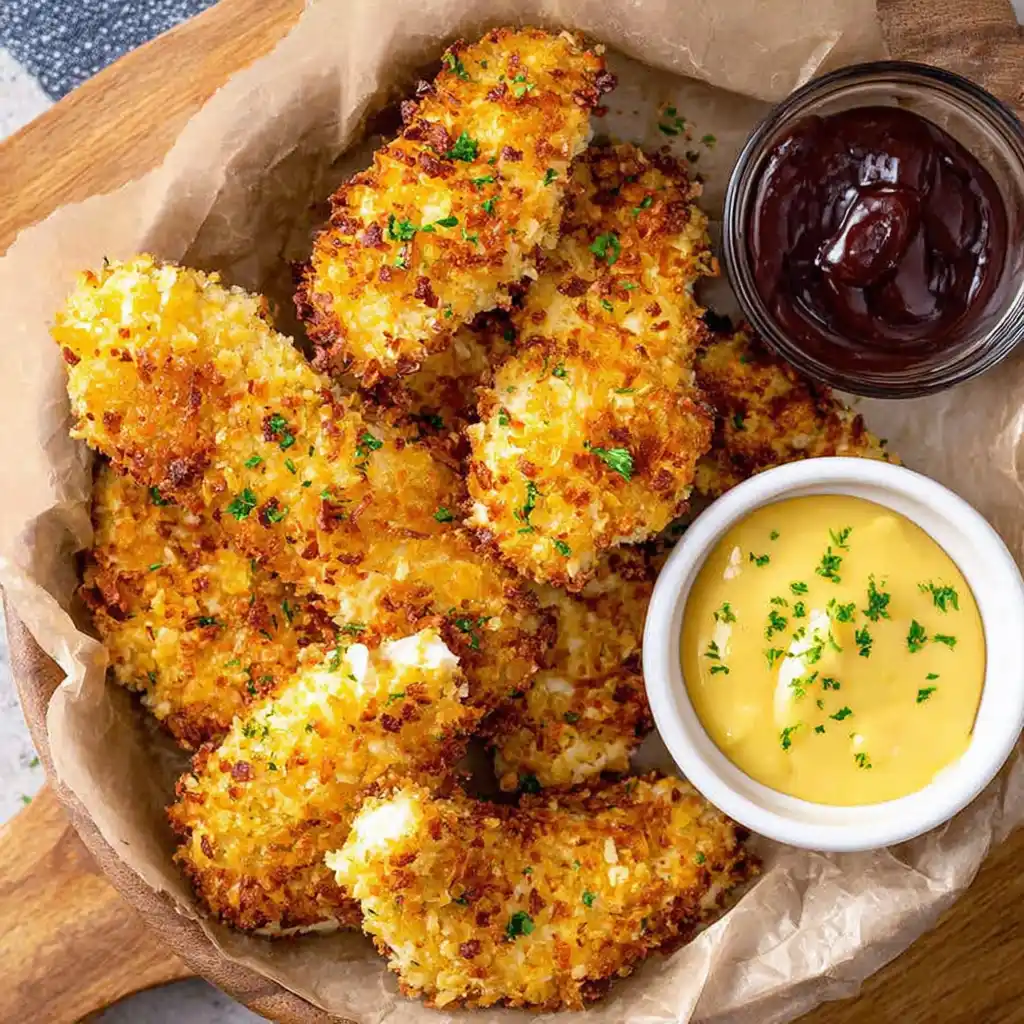 Crispy potato chip crusted chicken tenders served with honey mustard and barbecue dipping sauces.