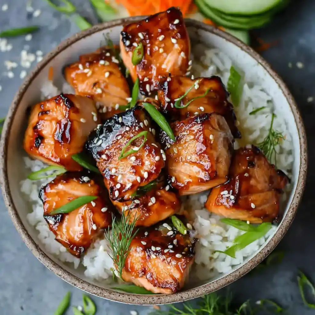 Air fryer teriyaki salmon bites served over rice, garnished with sesame seeds, fresh dill, and sliced green onions.