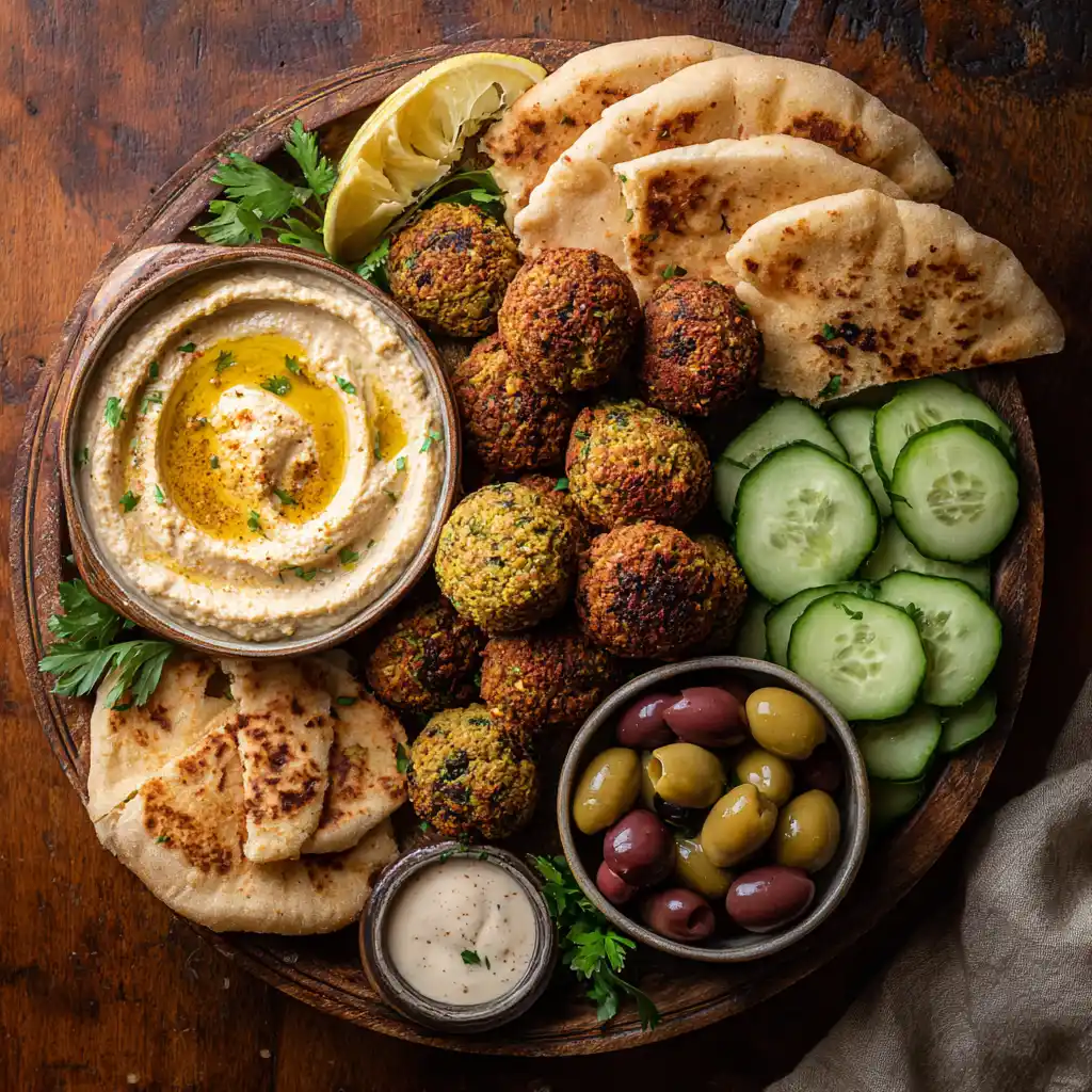 Air fryer falafel served with pita and dips