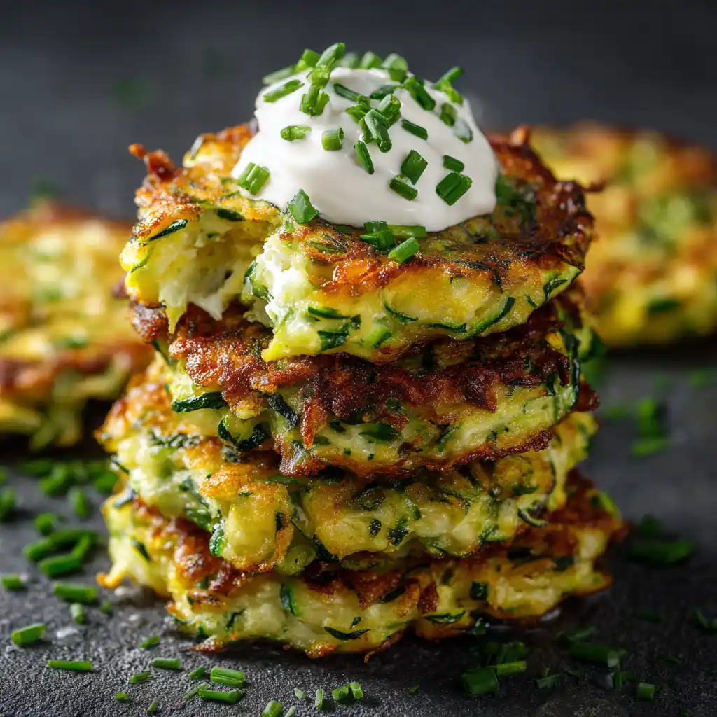 Air fryer zucchini fritters in basket with sour cream