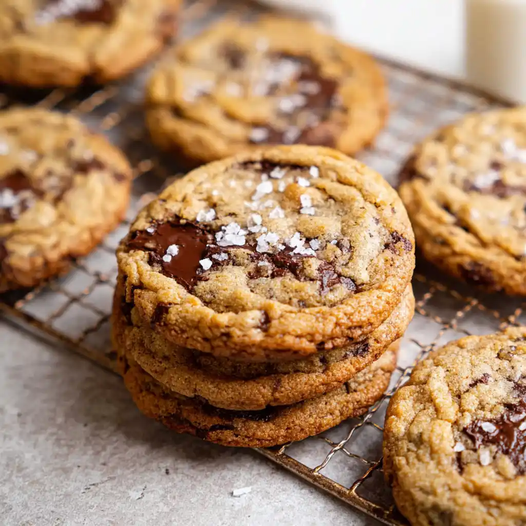 Baked sourdough chocolate chip cookies with sea salt