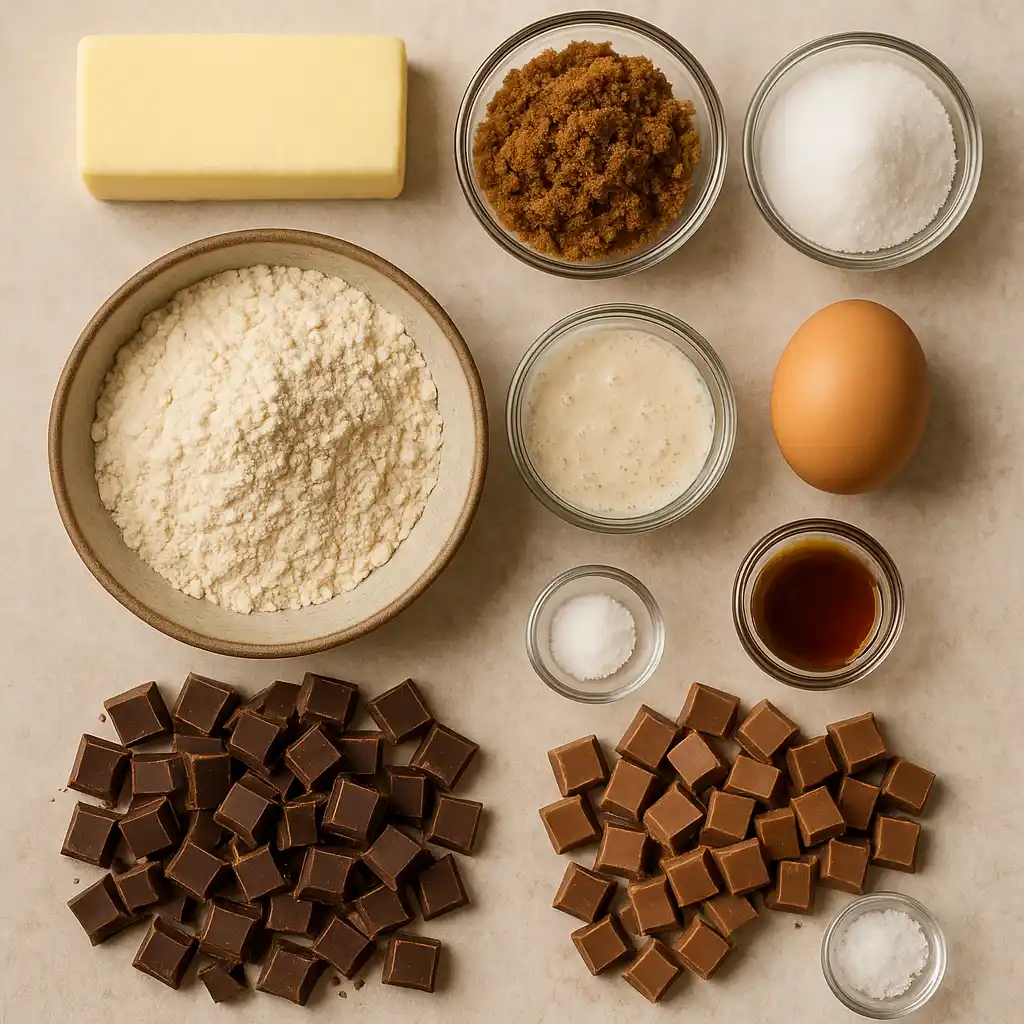 Brown butter sourdough chocolate chip cookie ingredients laid out