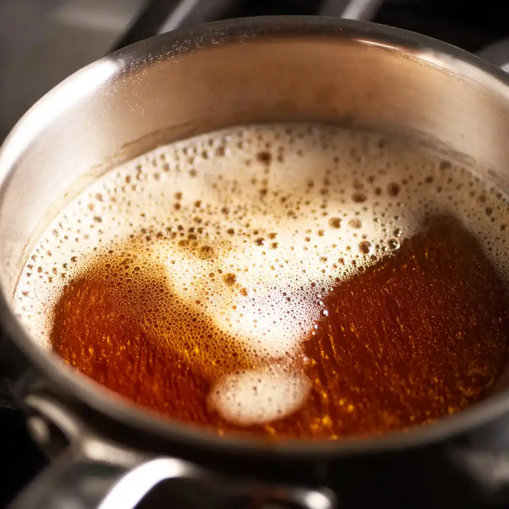 Browning butter in saucepan for sourdough chocolate chip cookies