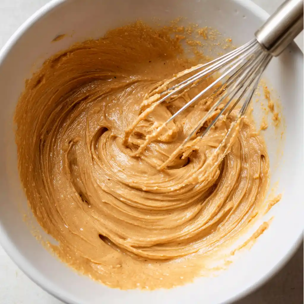 Whisked wet ingredients for brown butter sourdough cookie dough