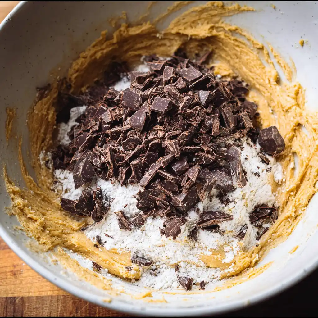 Chopped chocolate and flour added to sourdough cookie dough