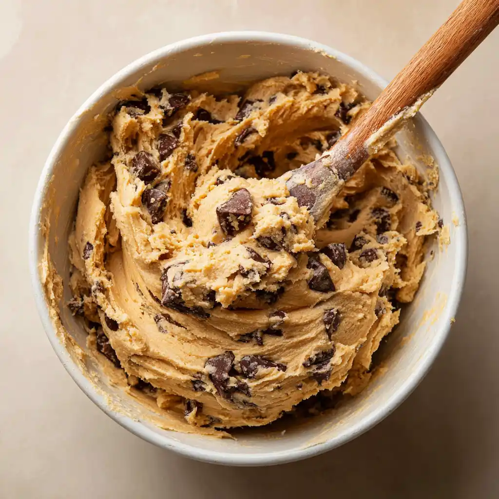 Finished sourdough cookie dough with chocolate chunks in mixing bowl