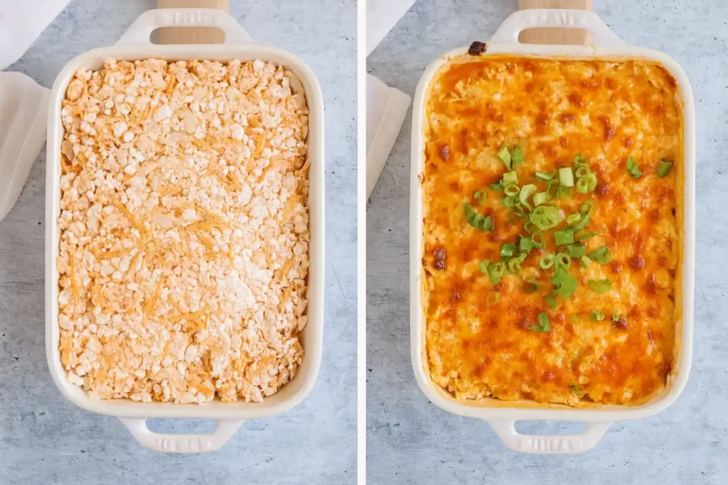 Before and after baking cottage cheese buffalo chicken dip