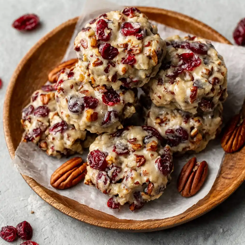 No-bake cranberry pecan praline cookies stacked on a wooden plate
