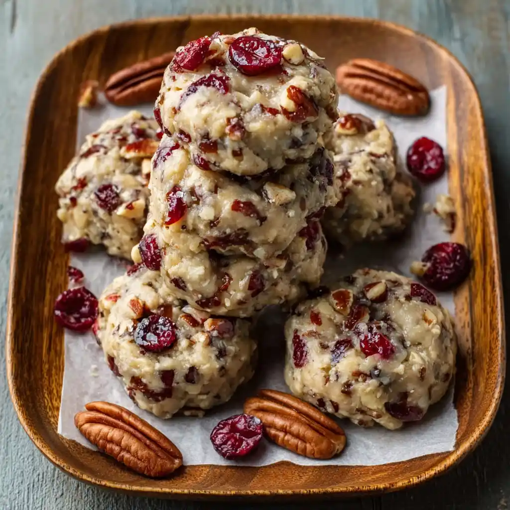 No-bake cranberry pecan praline cookies stacked on a wooden plate