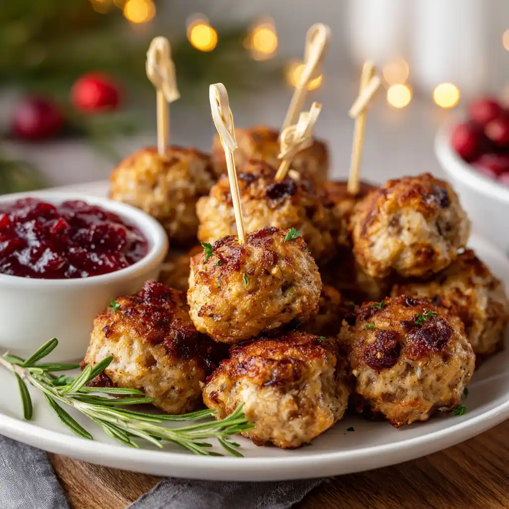 Cranberry Turkey Stuffing Balls with dipping sauce