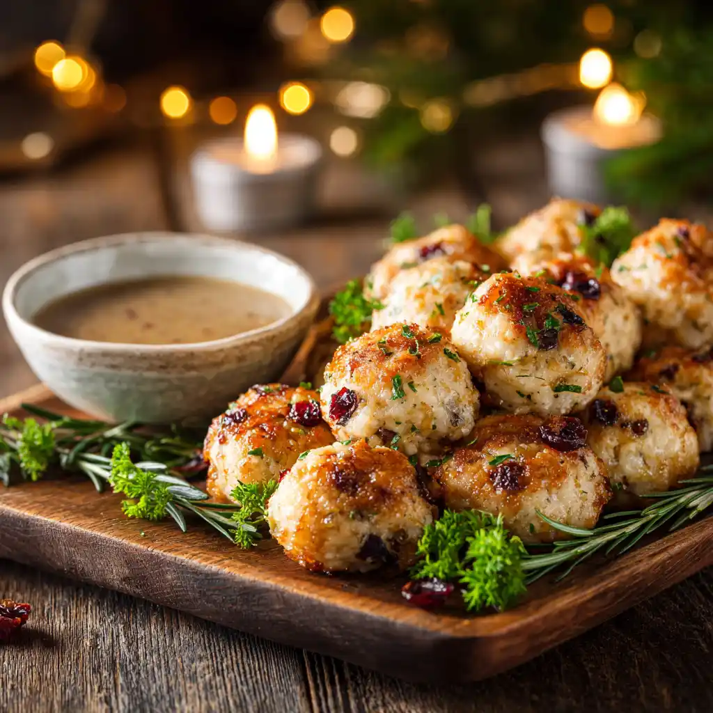 Cranberry Turkey Stuffing Balls served with gravy on a wooden board