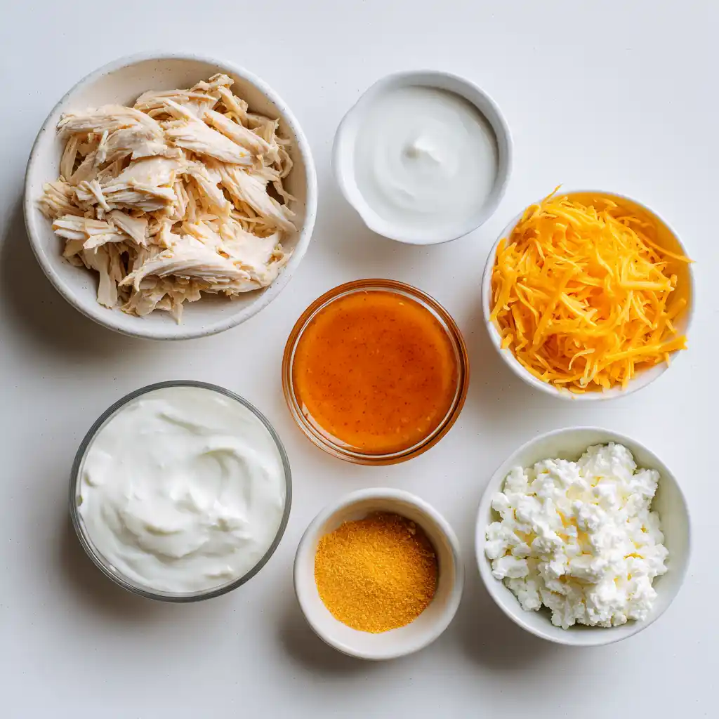 Ingredients for high protein buffalo chicken dip