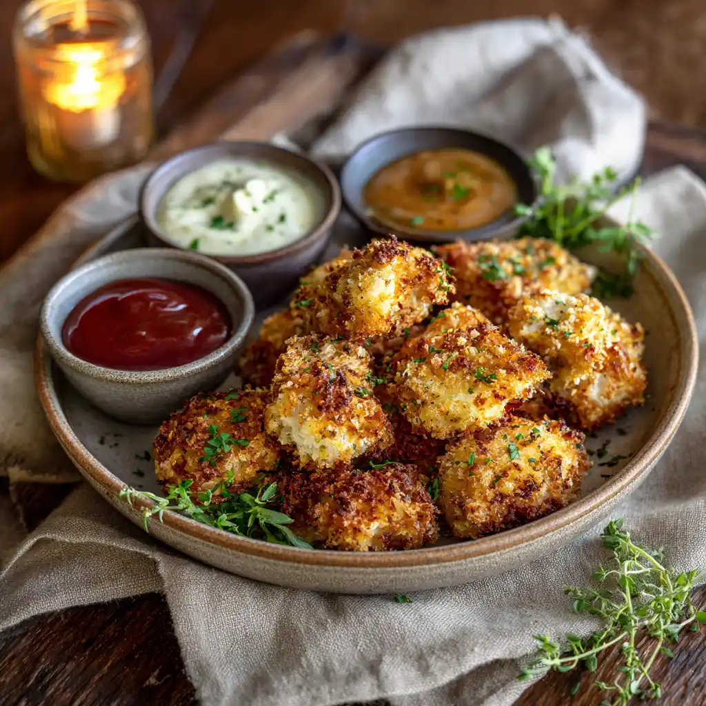 Served ranch-crusted chicken bites with dipping sauces