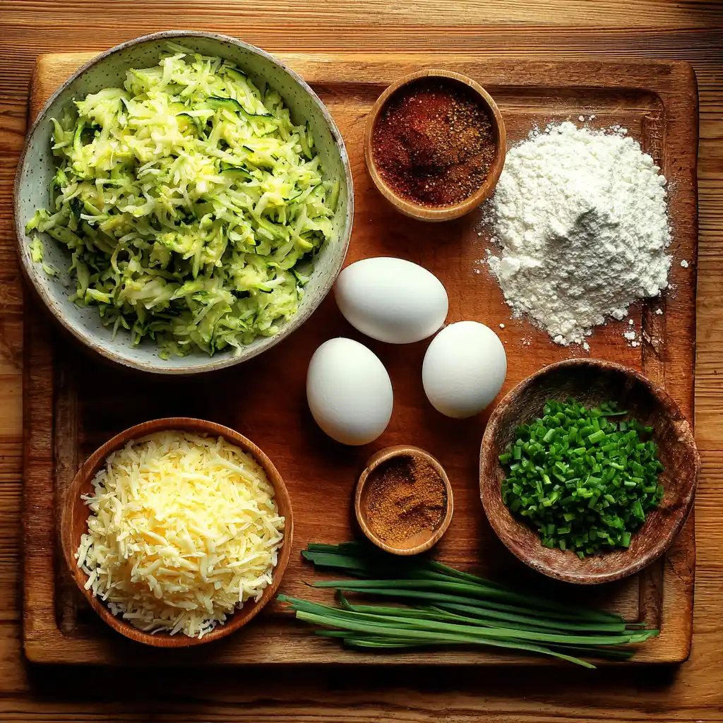 Zucchini fritters ingredients laid out on board
