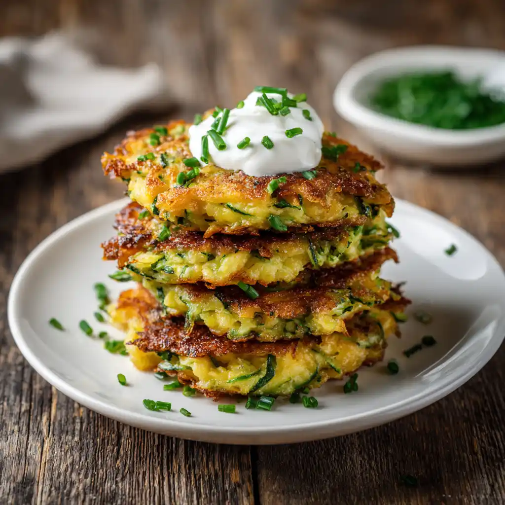 Served zucchini fritters with sour cream and chives