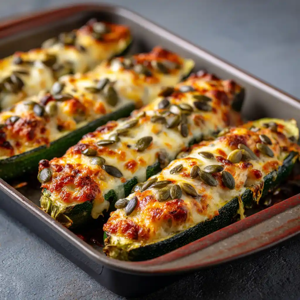Baked zucchini boats with cheese and seeds