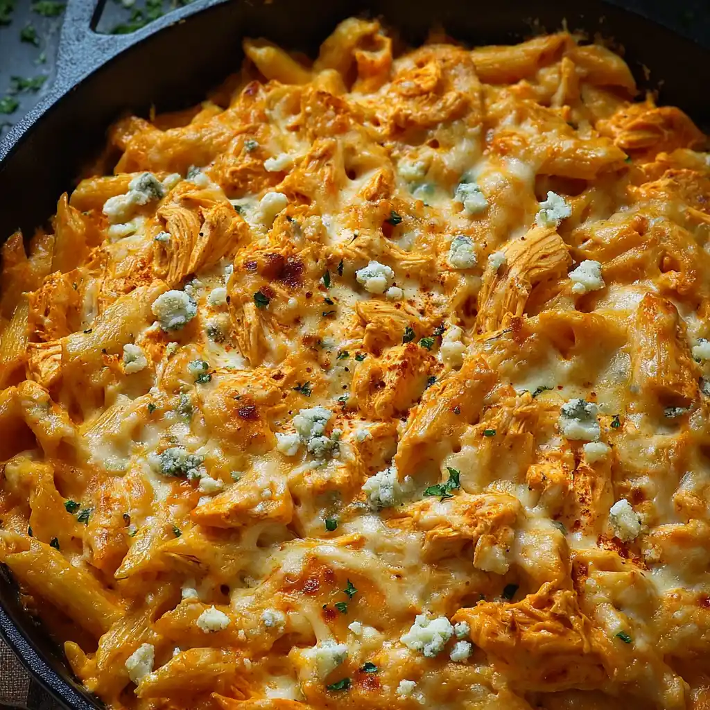 cheesy buffalo chicken pasta bake fresh from oven