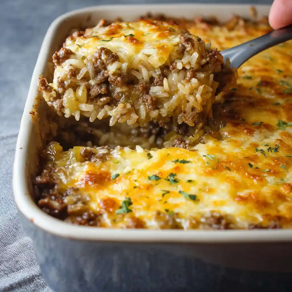Serving of French onion ground beef and rice casserole with melted cheese