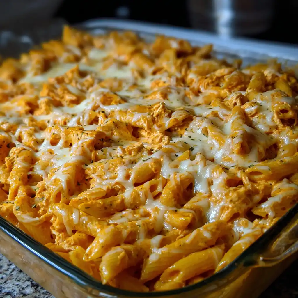 cheesy buffalo chicken pasta bake fresh from oven