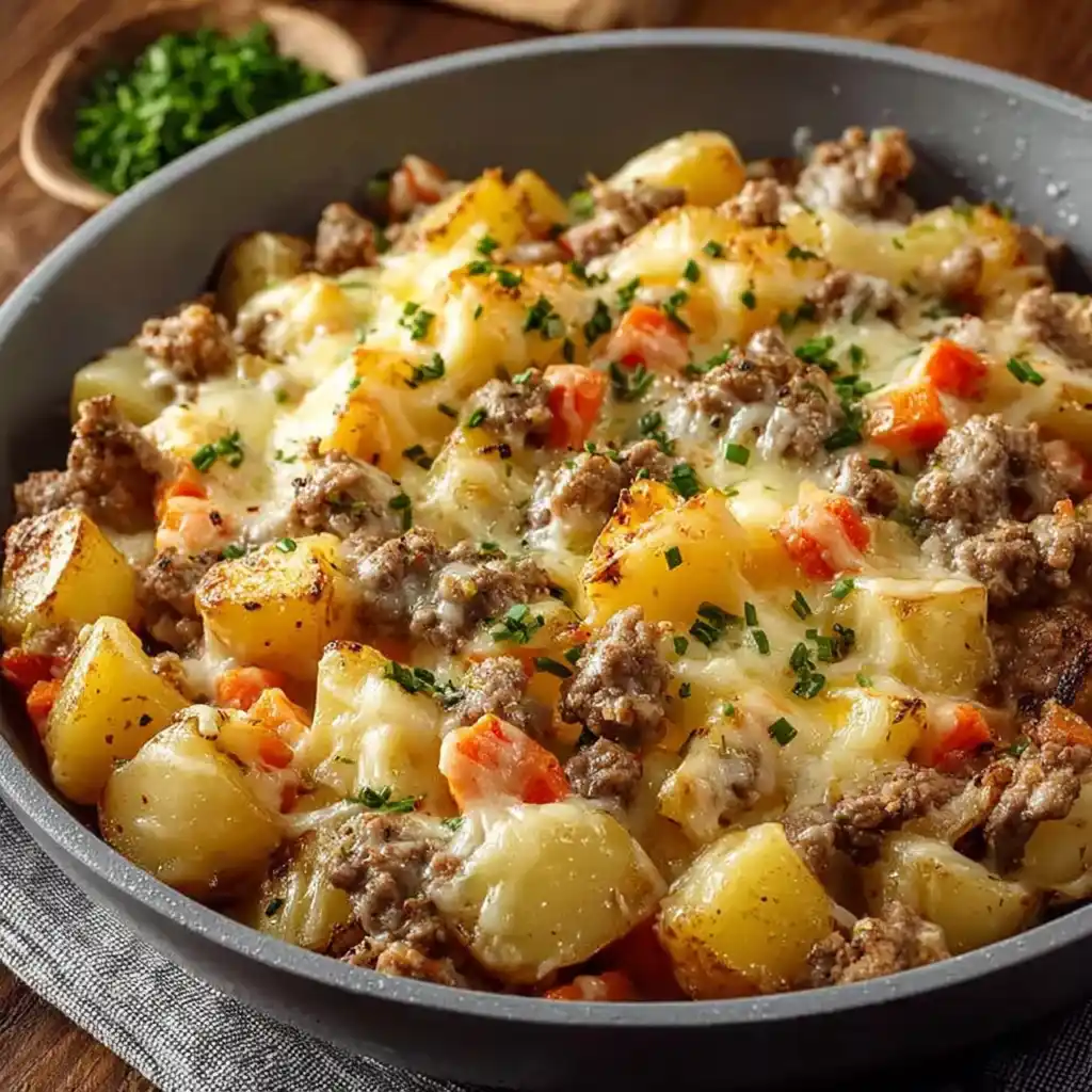 One-pan cheesy potato and meat skillet