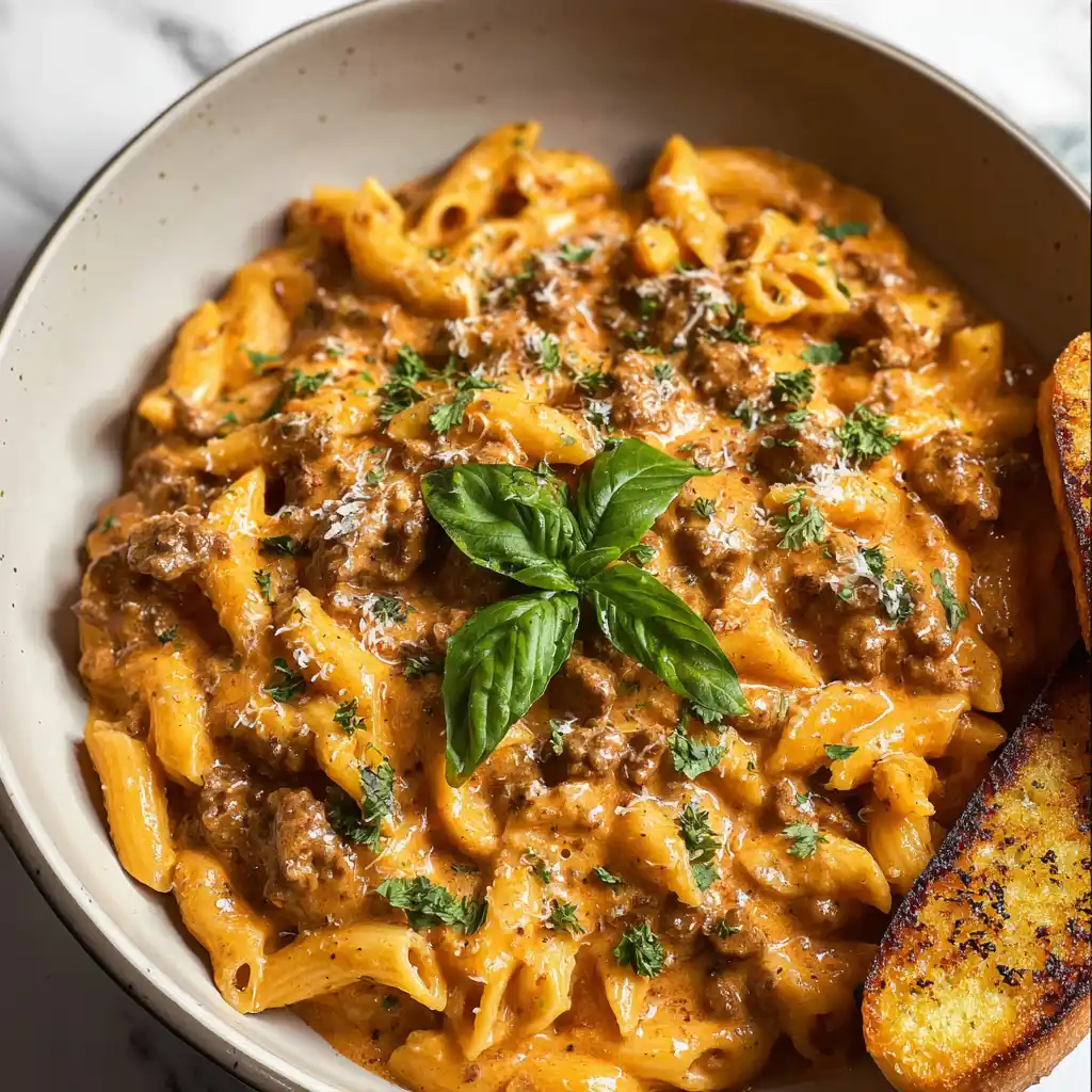 creamy beef pasta serving bowl