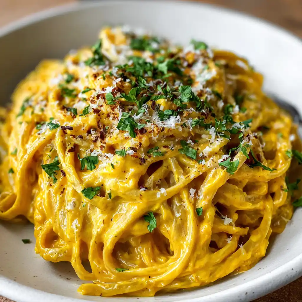Creamy pumpkin Alfredo pasta served in a cozy fall setting