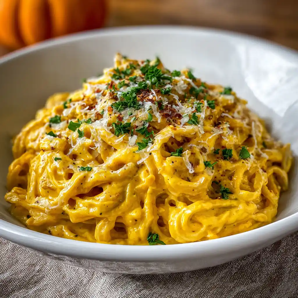 Creamy pumpkin Alfredo pasta served in a cozy fall setting